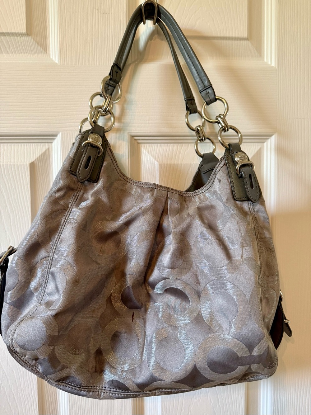 Coach Gray Signature Jacquard Hobo with Dark Leather Handles